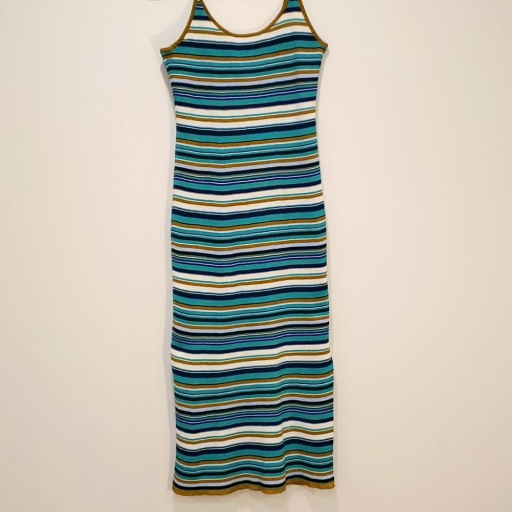 H&M Knit Striped Midi Dress Green Gold Size: M